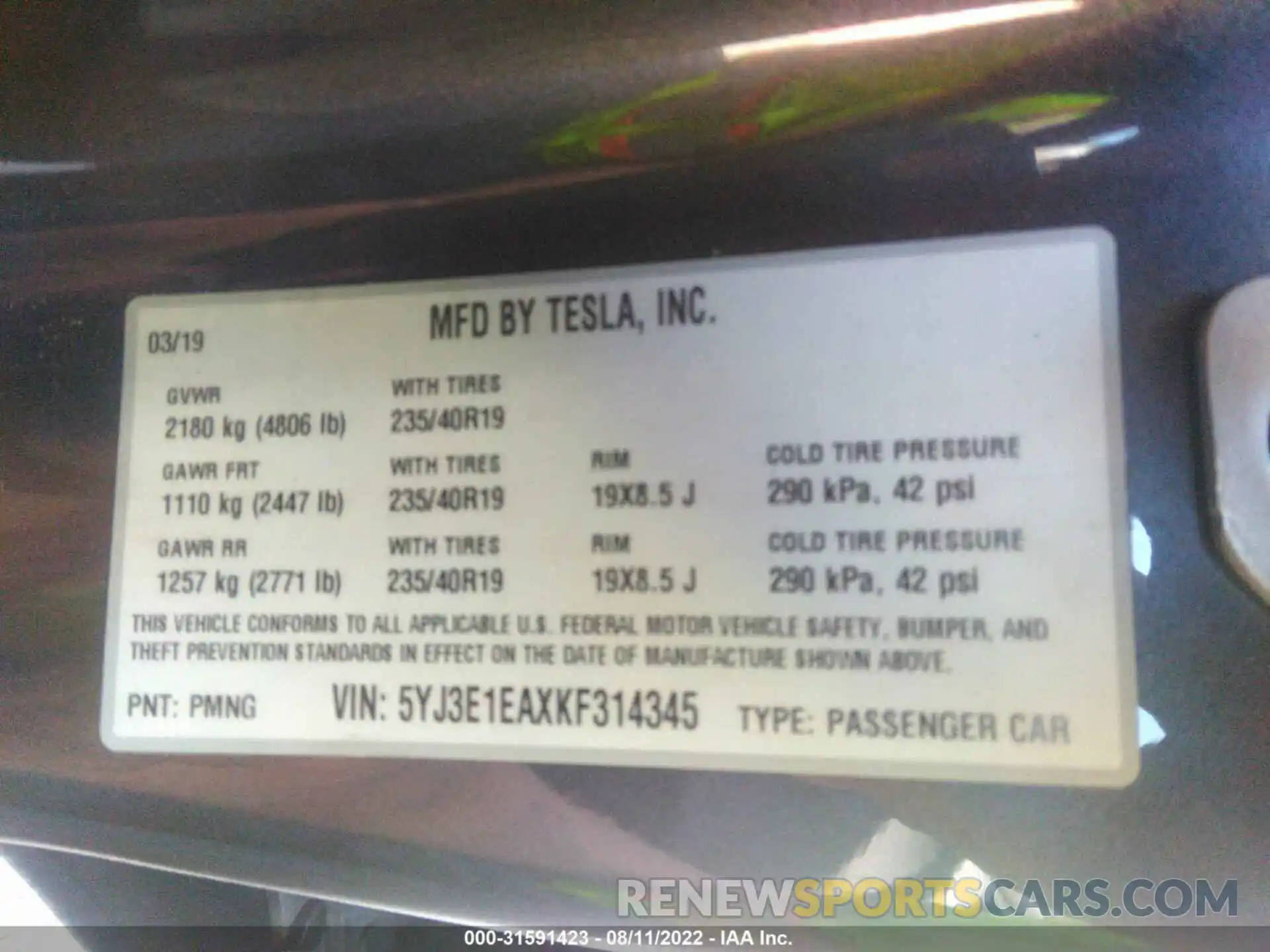 9 Photograph of a damaged car 5YJ3E1EAXKF314345 TESLA MODEL 3 2019