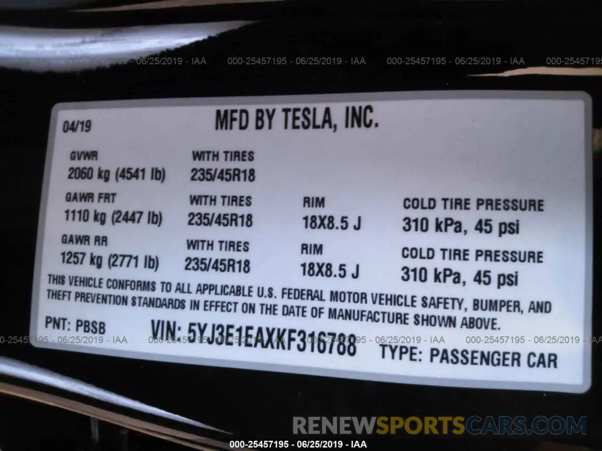 9 Photograph of a damaged car 5YJ3E1EAXKF316788 TESLA MODEL 3 2019