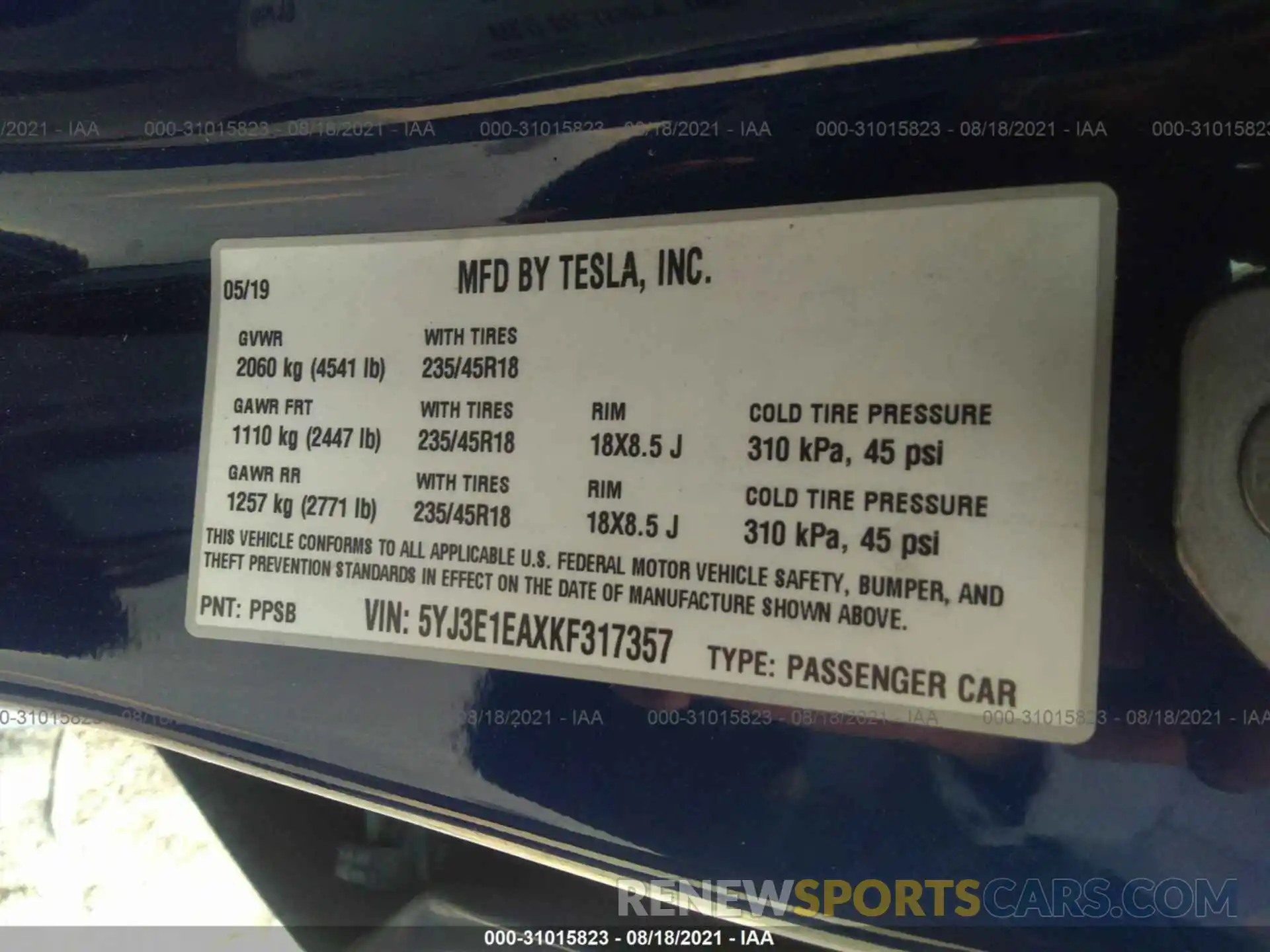 9 Photograph of a damaged car 5YJ3E1EAXKF317357 TESLA MODEL 3 2019