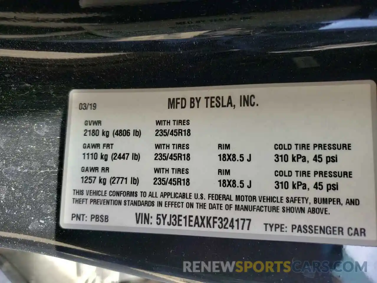 10 Photograph of a damaged car 5YJ3E1EAXKF324177 TESLA MODEL 3 2019