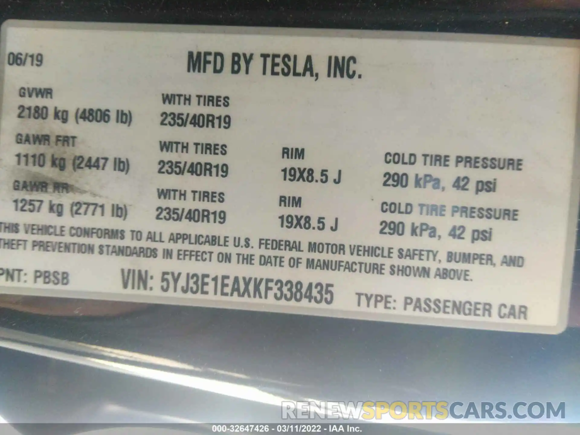 9 Фотография поврежденного автомобиля 5YJ3E1EAXKF338435 TESLA MODEL 3 2019