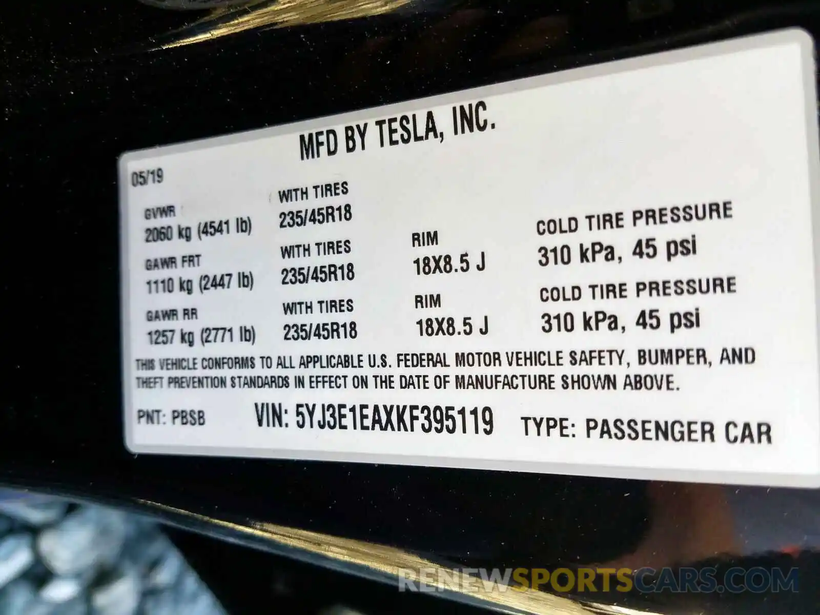 10 Photograph of a damaged car 5YJ3E1EAXKF395119 TESLA MODEL 3 2019