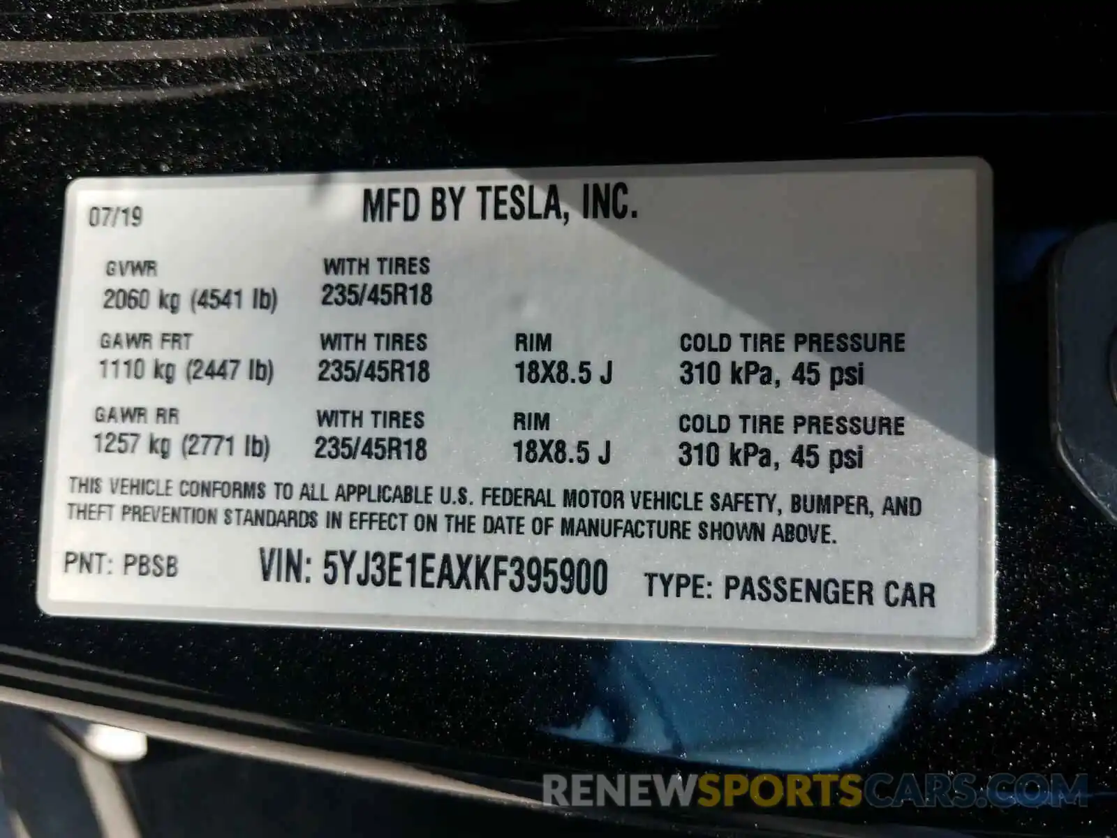 10 Photograph of a damaged car 5YJ3E1EAXKF395900 TESLA MODEL 3 2019