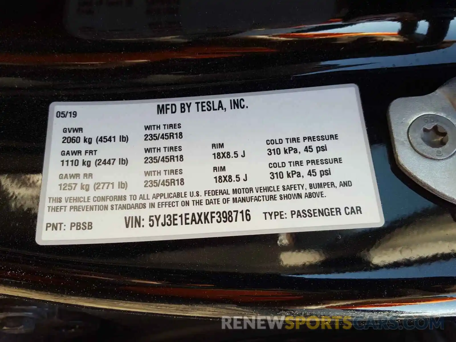 10 Photograph of a damaged car 5YJ3E1EAXKF398716 TESLA MODEL 3 2019