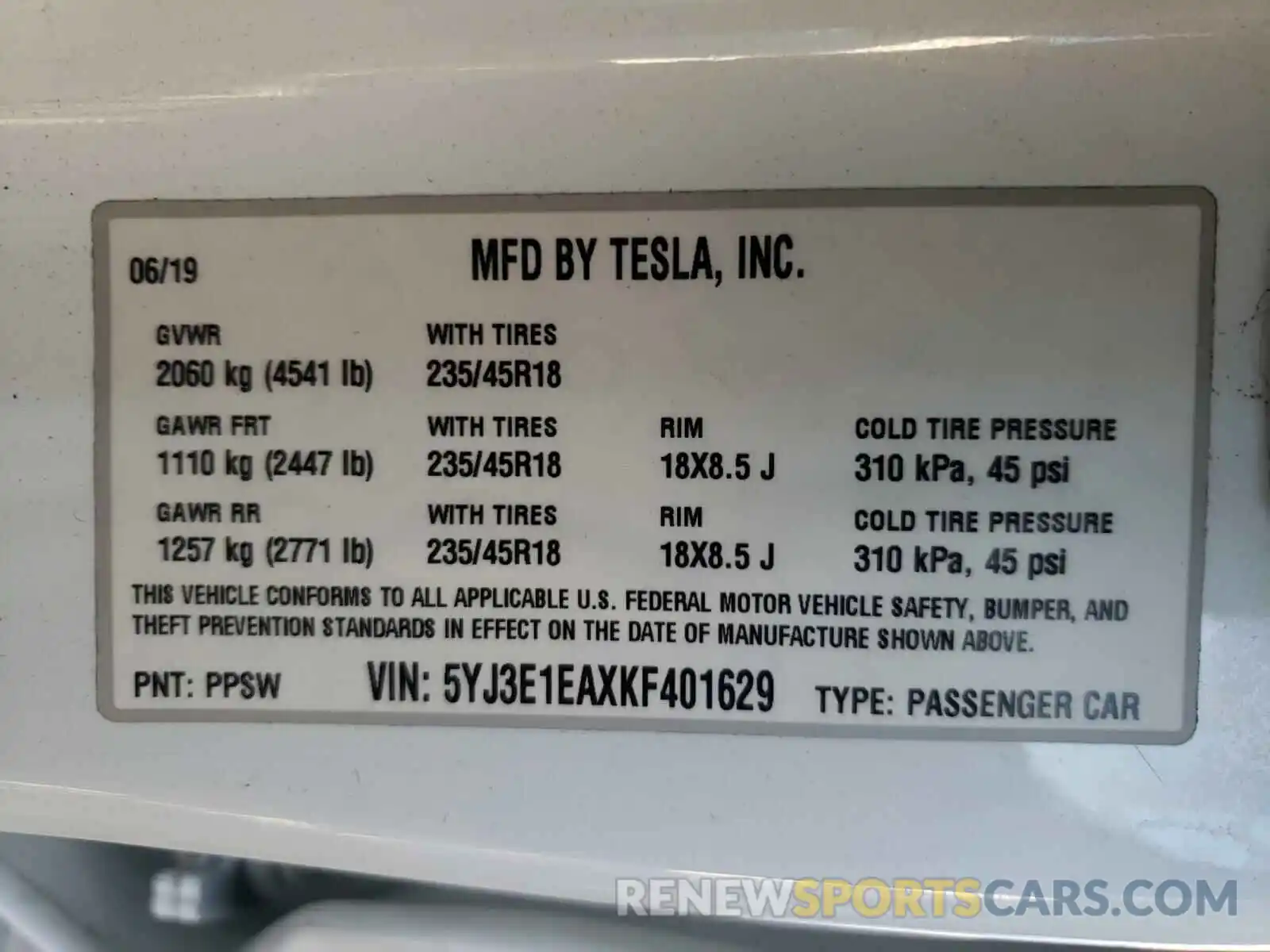 10 Фотография поврежденного автомобиля 5YJ3E1EAXKF401629 TESLA MODEL 3 2019