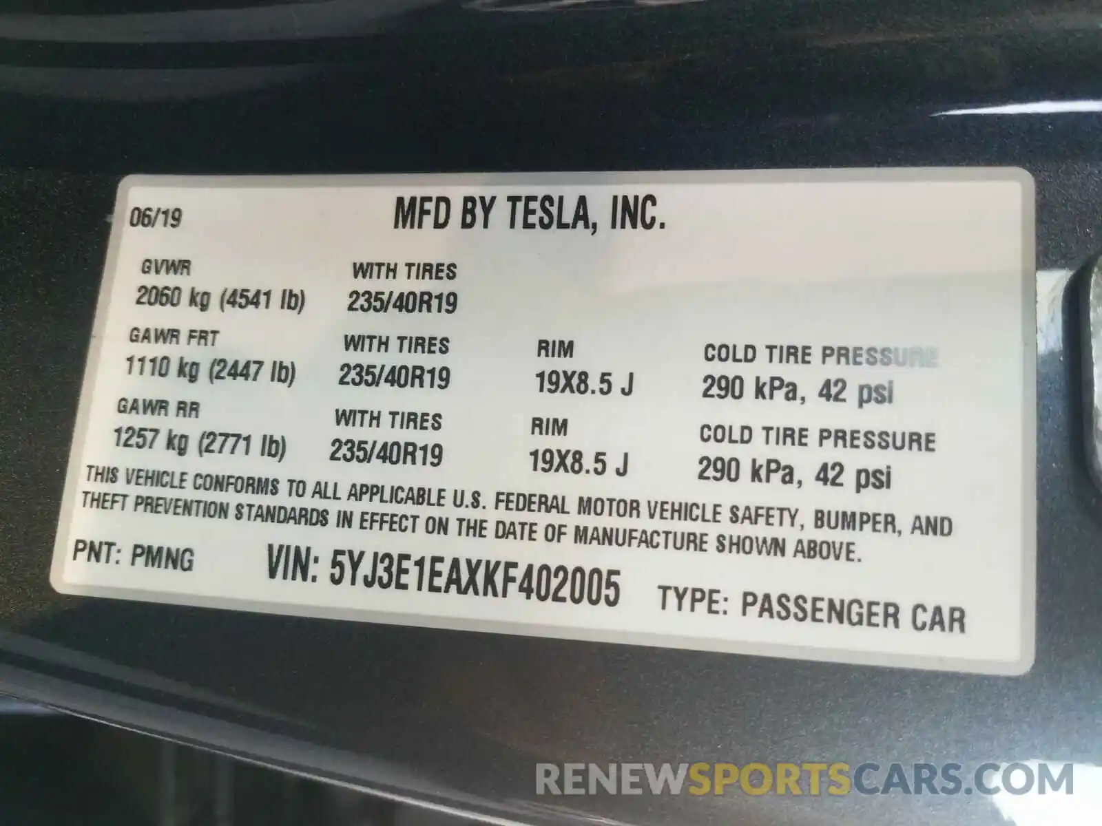 10 Photograph of a damaged car 5YJ3E1EAXKF402005 TESLA MODEL 3 2019