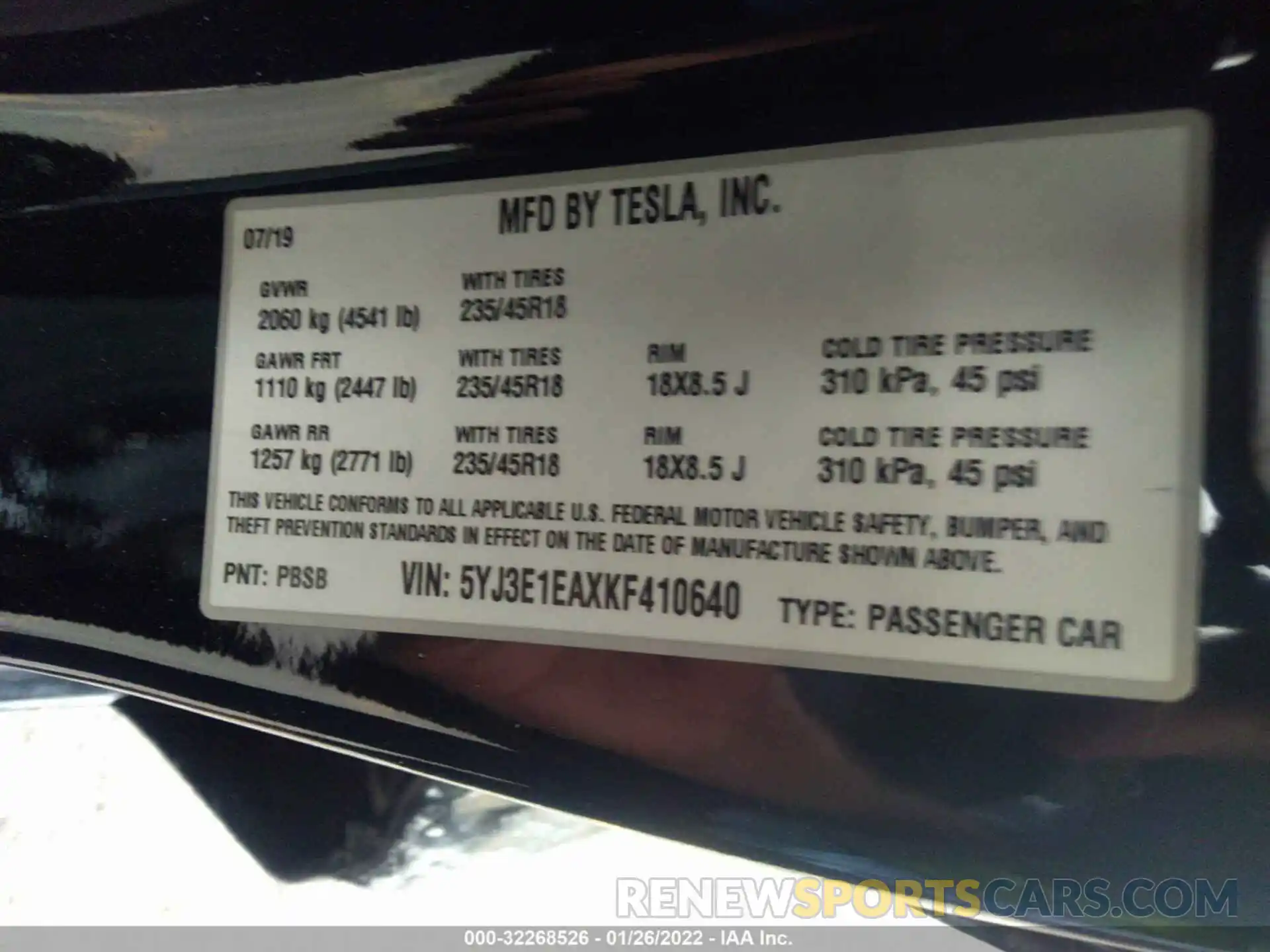 9 Photograph of a damaged car 5YJ3E1EAXKF410640 TESLA MODEL 3 2019