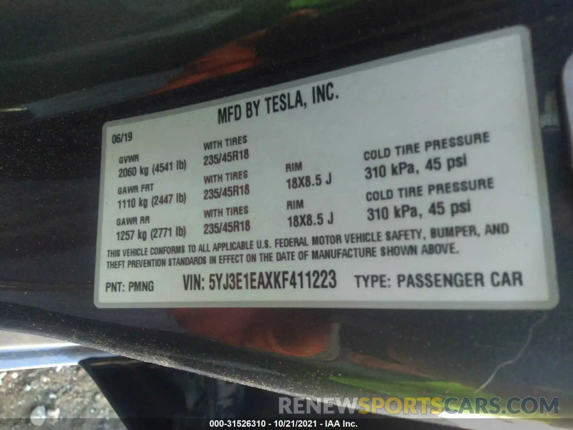 9 Photograph of a damaged car 5YJ3E1EAXKF411223 TESLA MODEL 3 2019