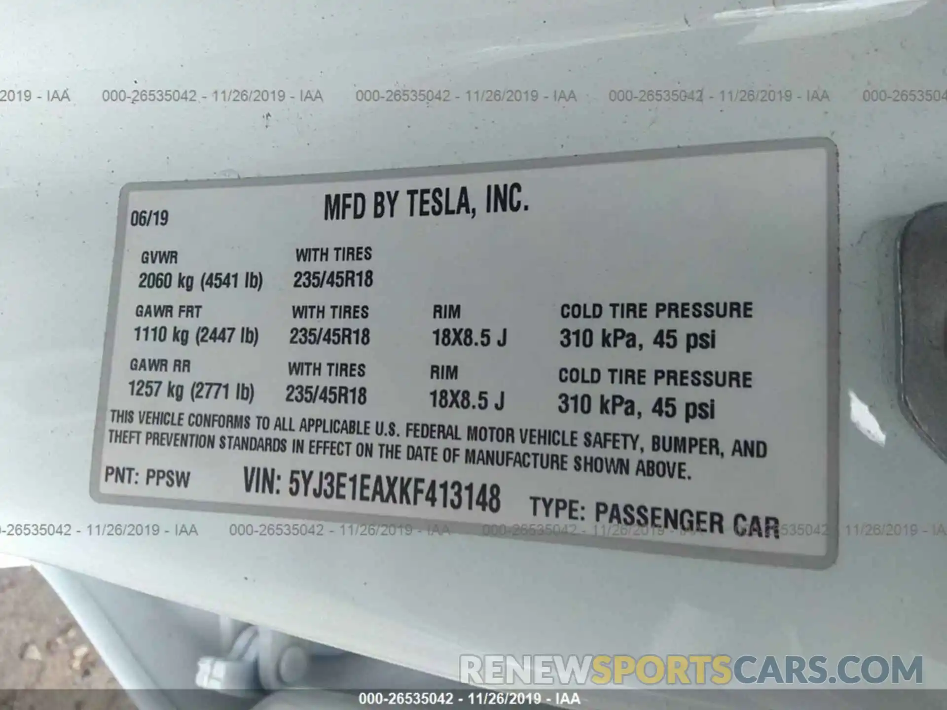 9 Фотография поврежденного автомобиля 5YJ3E1EAXKF413148 TESLA MODEL 3 2019