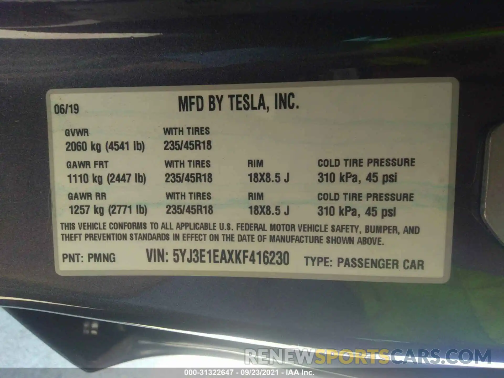 9 Фотография поврежденного автомобиля 5YJ3E1EAXKF416230 TESLA MODEL 3 2019