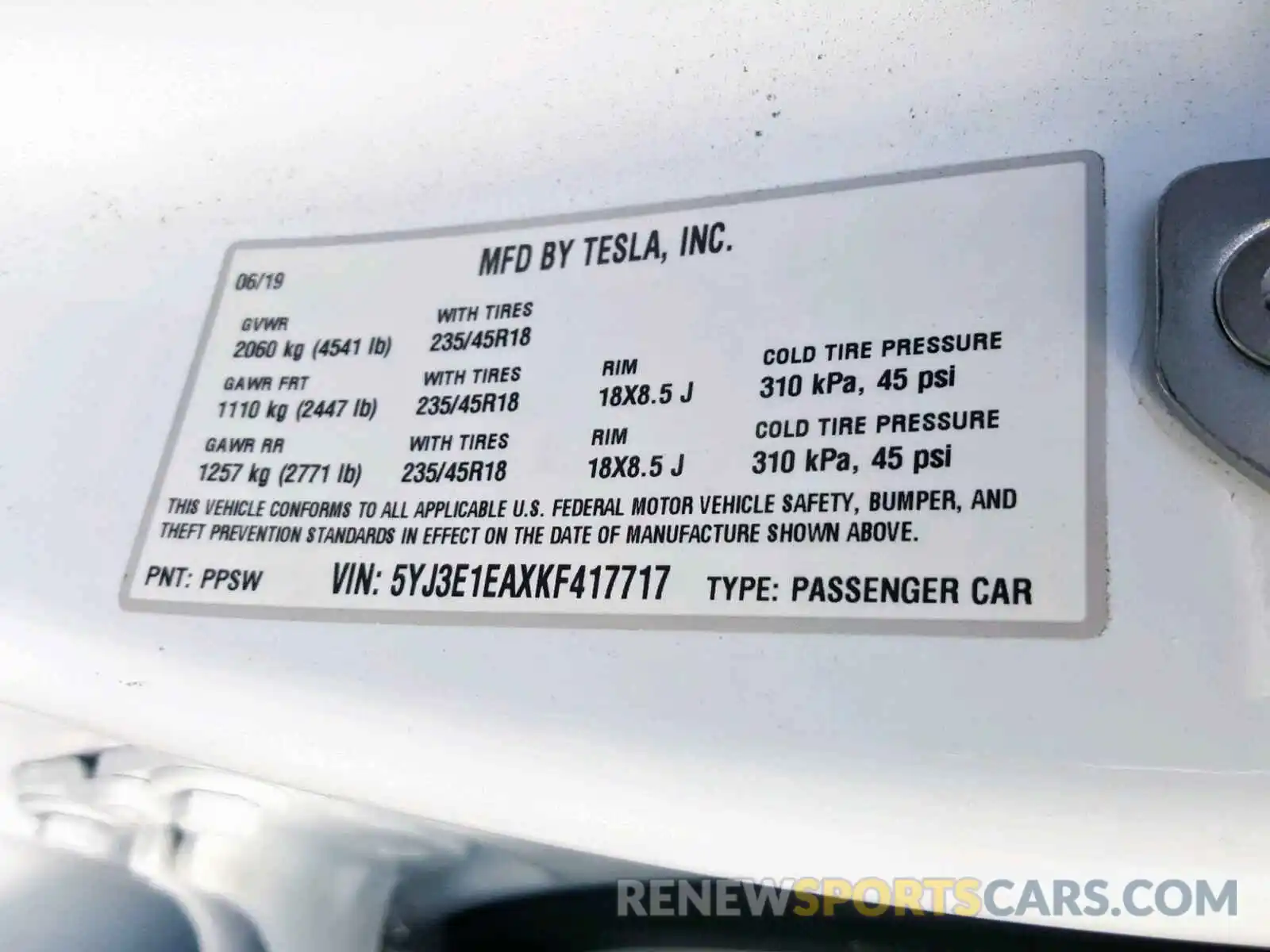 10 Photograph of a damaged car 5YJ3E1EAXKF417717 TESLA MODEL 3 2019