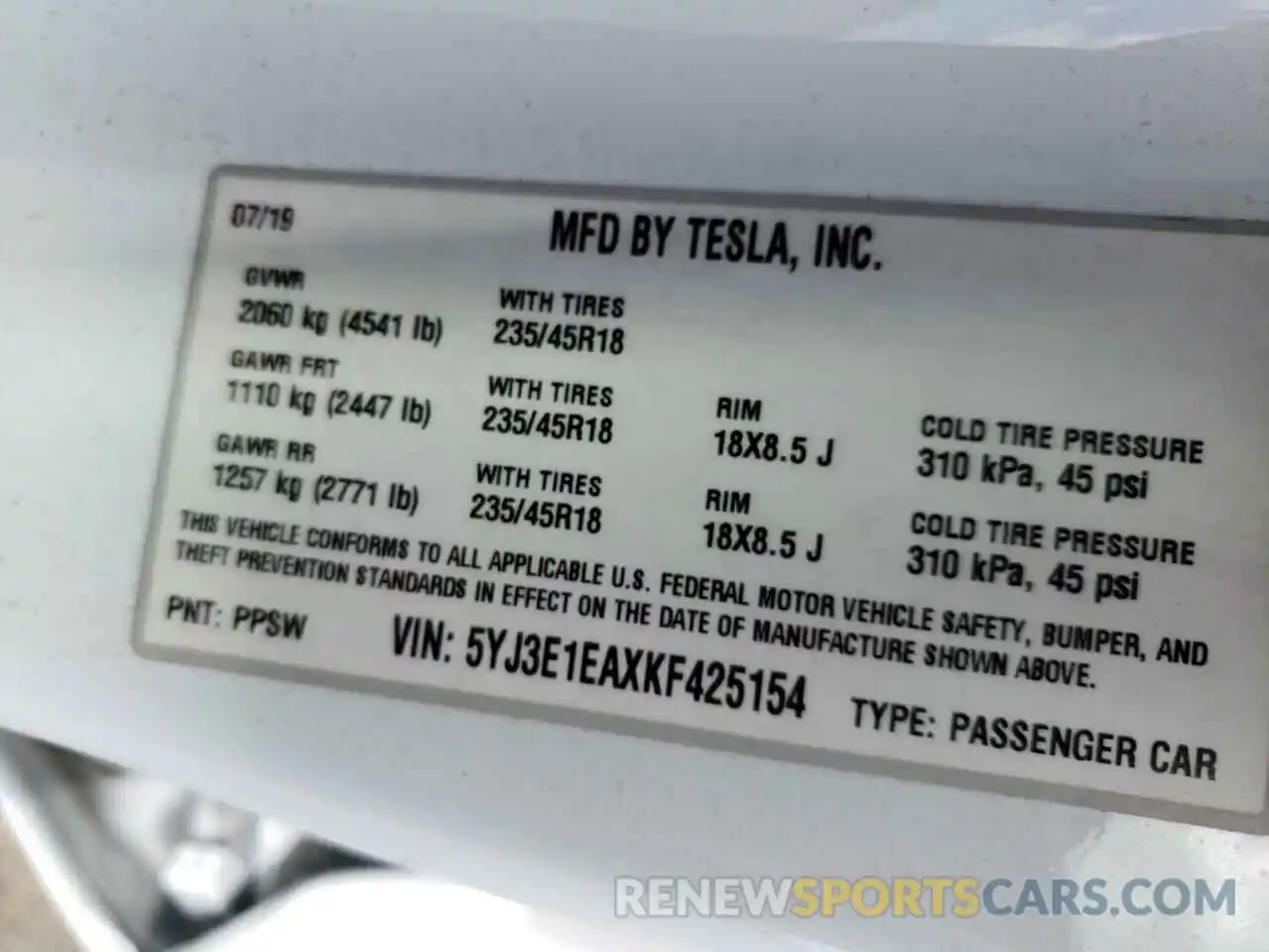 10 Photograph of a damaged car 5YJ3E1EAXKF425154 TESLA MODEL 3 2019