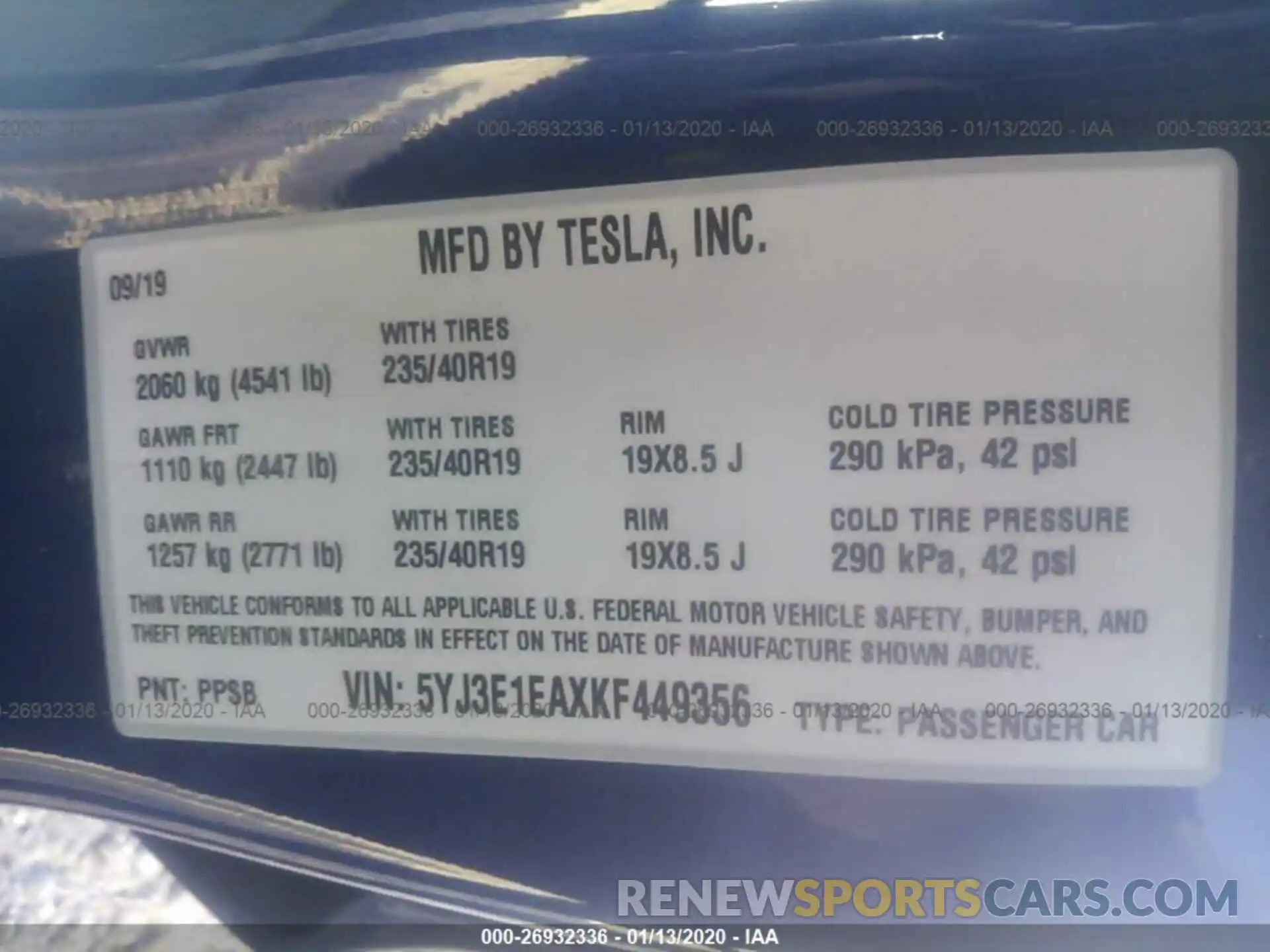 9 Photograph of a damaged car 5YJ3E1EAXKF449356 TESLA MODEL 3 2019