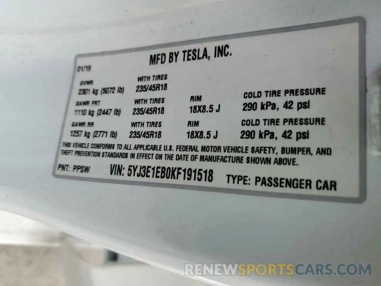 13 Photograph of a damaged car 5YJ3E1EB0KF191518 TESLA MODEL 3 2019