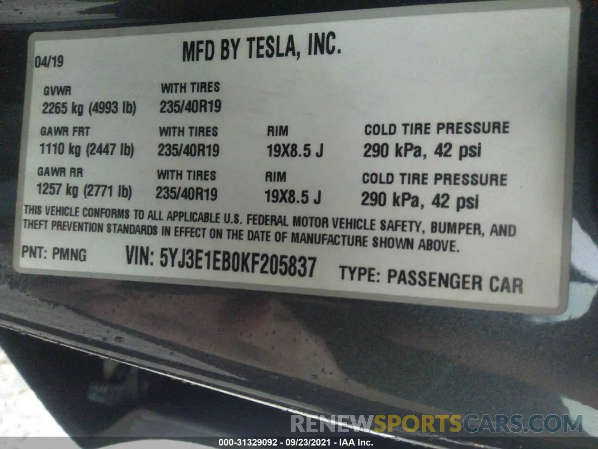 9 Photograph of a damaged car 5YJ3E1EB0KF205837 TESLA MODEL 3 2019