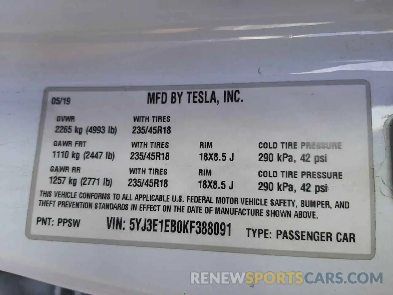 10 Photograph of a damaged car 5YJ3E1EB0KF388091 TESLA MODEL 3 2019