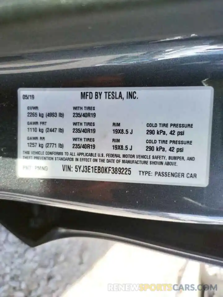 10 Фотография поврежденного автомобиля 5YJ3E1EB0KF389225 TESLA MODEL 3 2019