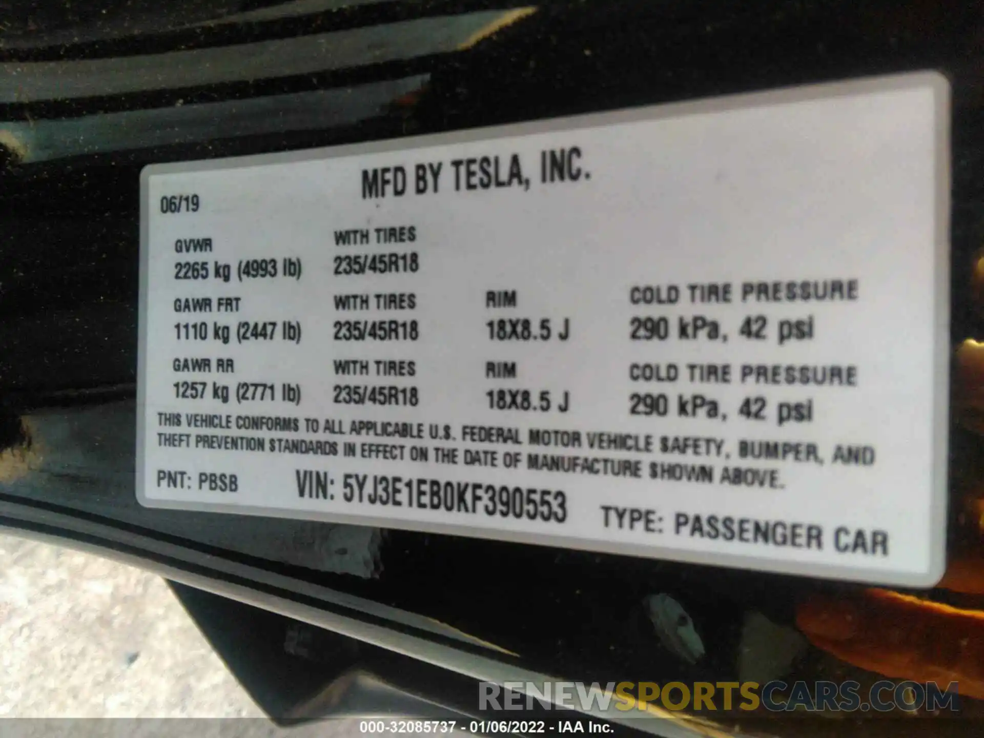 9 Photograph of a damaged car 5YJ3E1EB0KF390553 TESLA MODEL 3 2019