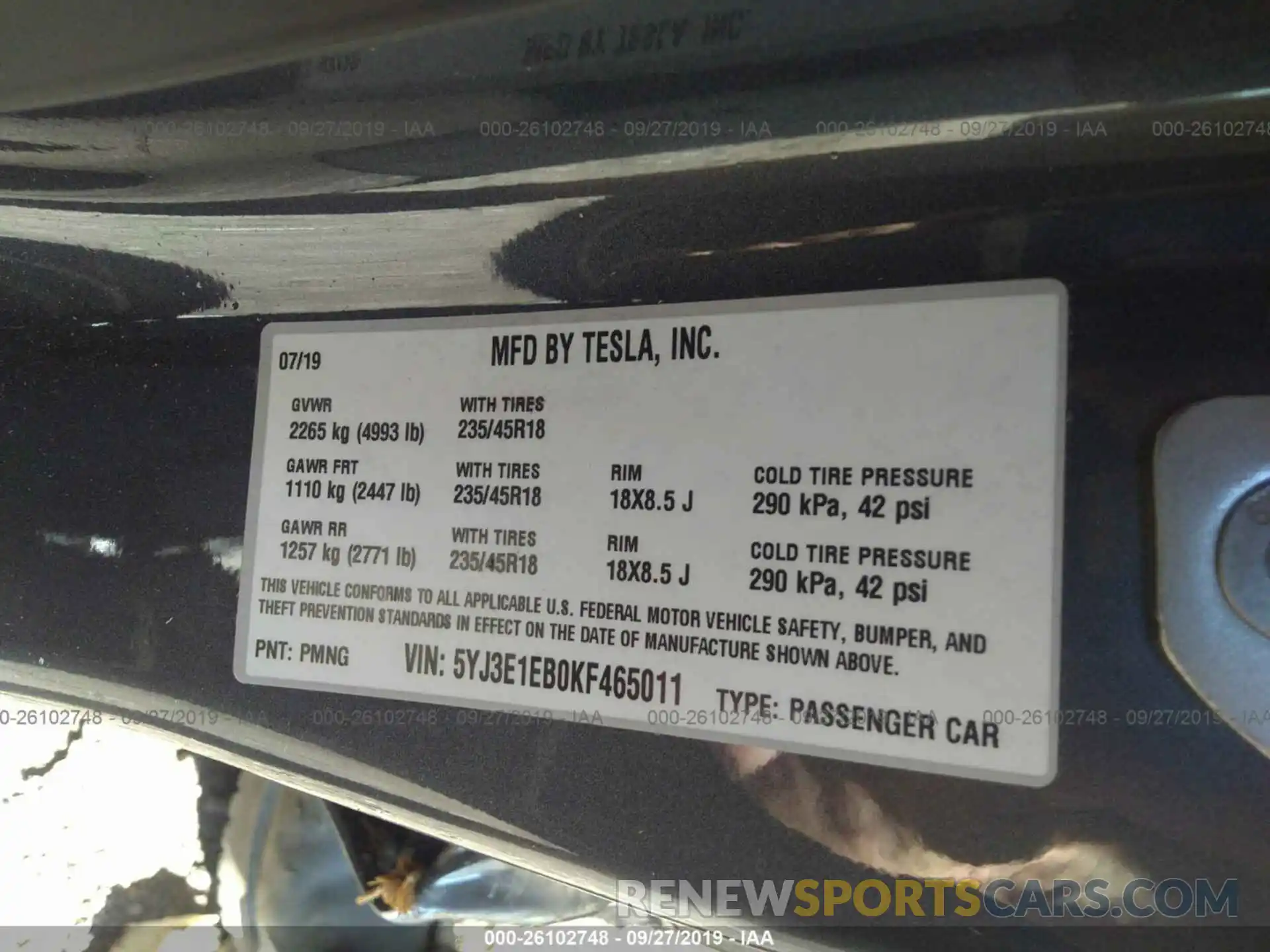 9 Фотография поврежденного автомобиля 5YJ3E1EB0KF465011 TESLA MODEL 3 2019