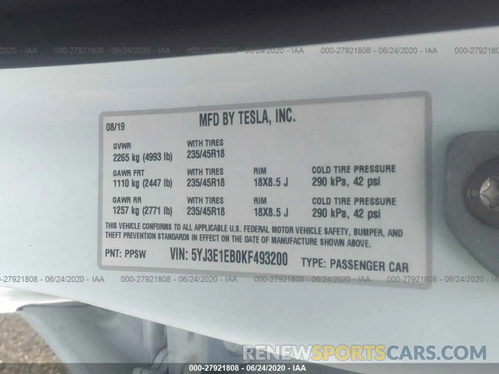 9 Photograph of a damaged car 5YJ3E1EB0KF493200 TESLA MODEL 3 2019