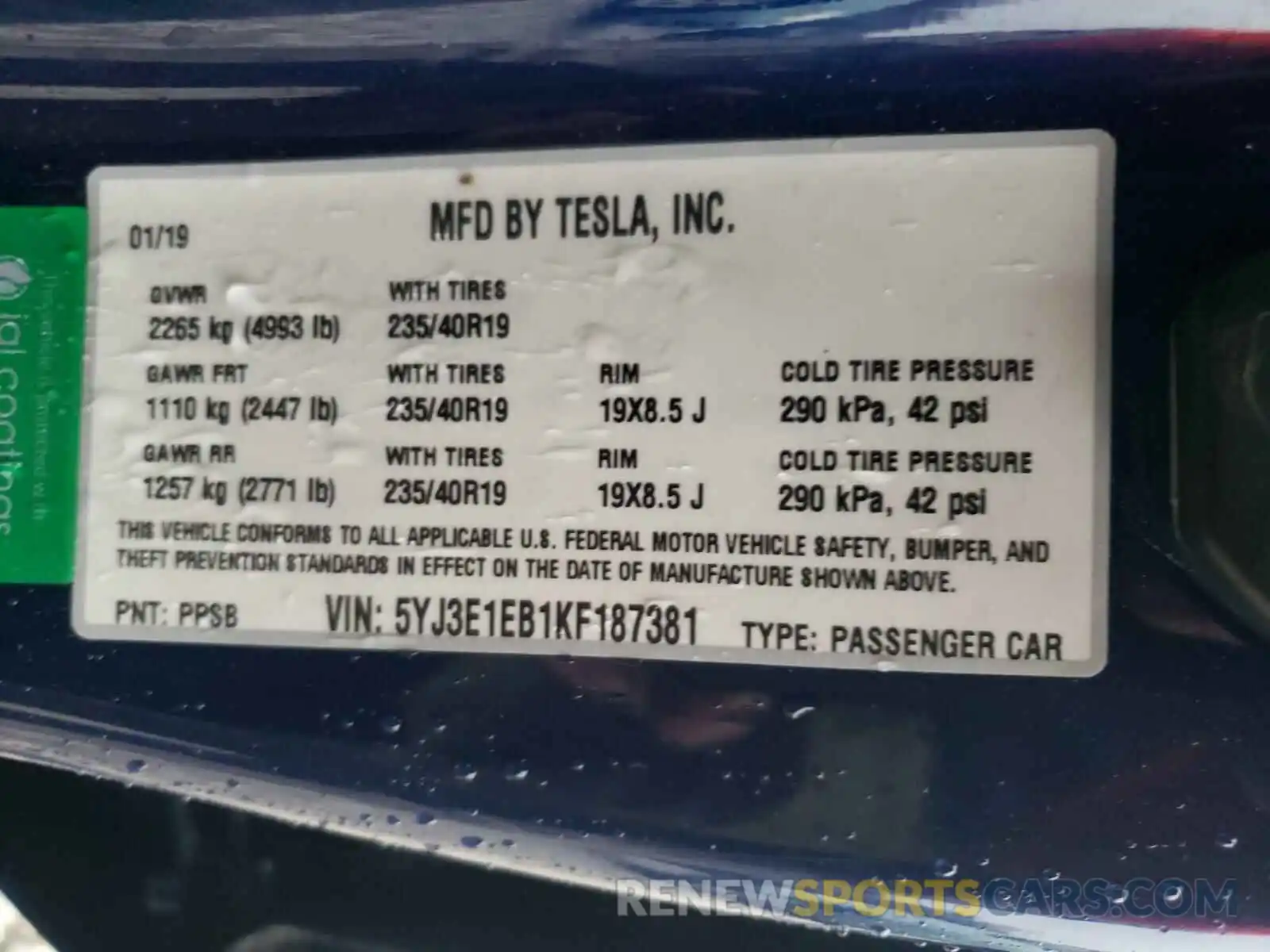 10 Photograph of a damaged car 5YJ3E1EB1KF187381 TESLA MODEL 3 2019