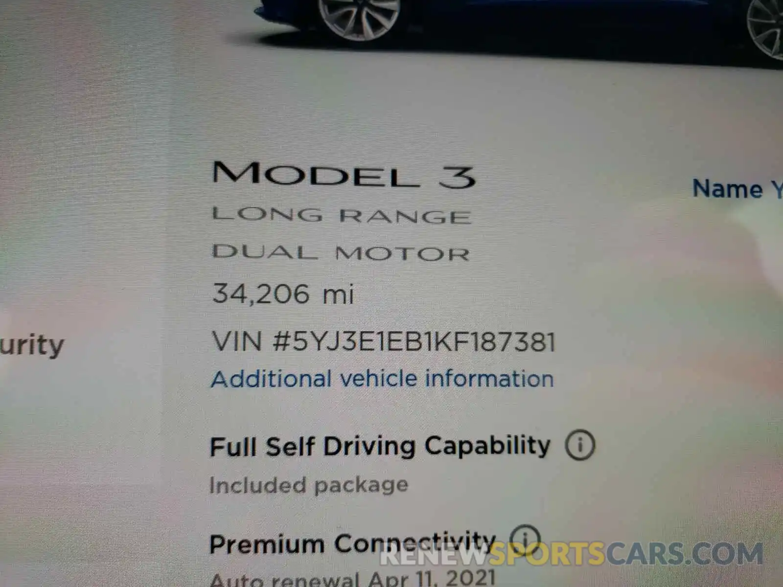 8 Photograph of a damaged car 5YJ3E1EB1KF187381 TESLA MODEL 3 2019