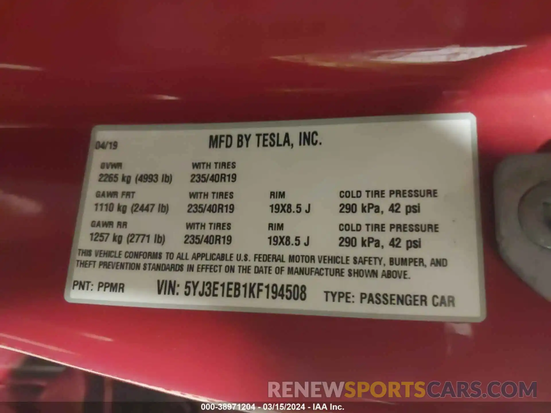 9 Photograph of a damaged car 5YJ3E1EB1KF194508 TESLA MODEL 3 2019