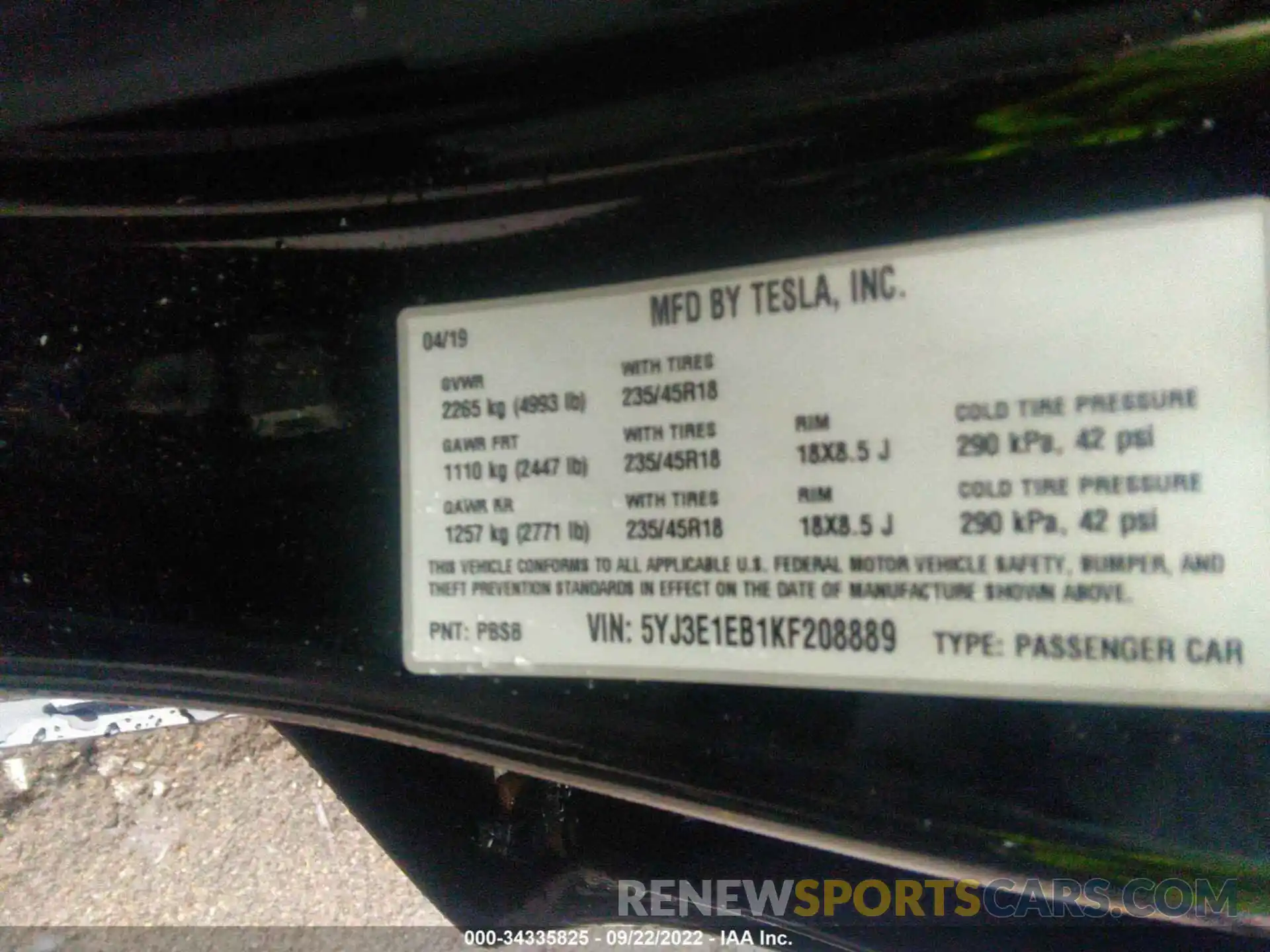 9 Photograph of a damaged car 5YJ3E1EB1KF208889 TESLA MODEL 3 2019