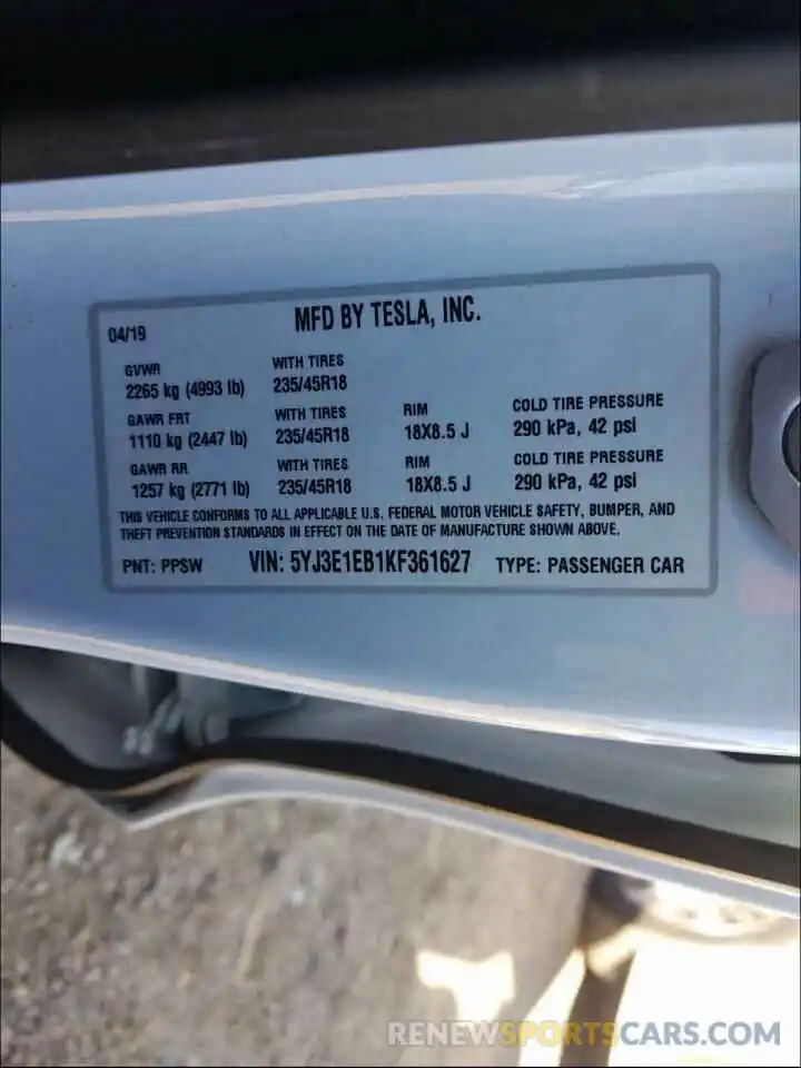 10 Photograph of a damaged car 5YJ3E1EB1KF361627 TESLA MODEL 3 2019