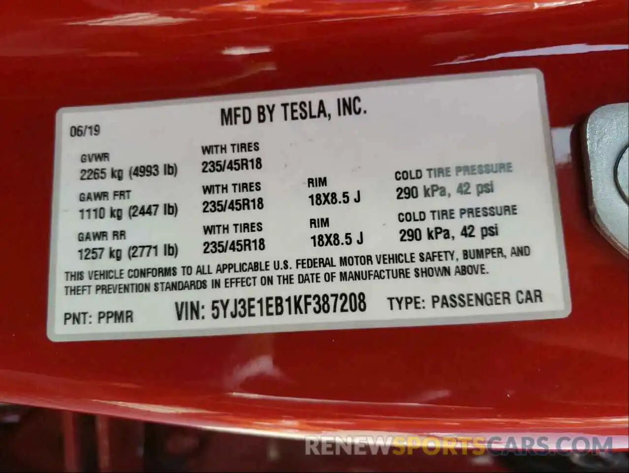 10 Фотография поврежденного автомобиля 5YJ3E1EB1KF387208 TESLA MODEL 3 2019