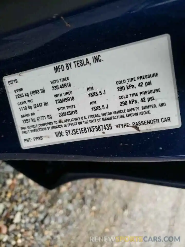 10 Photograph of a damaged car 5YJ3E1EB1KF387435 TESLA MODEL 3 2019