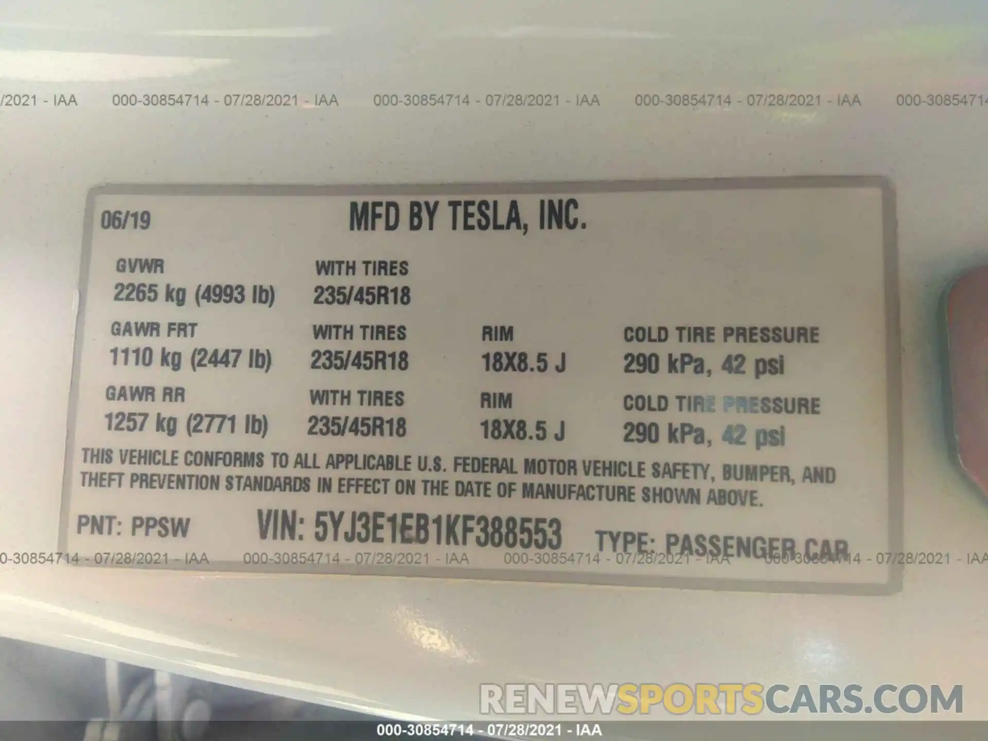 9 Photograph of a damaged car 5YJ3E1EB1KF388553 TESLA MODEL 3 2019