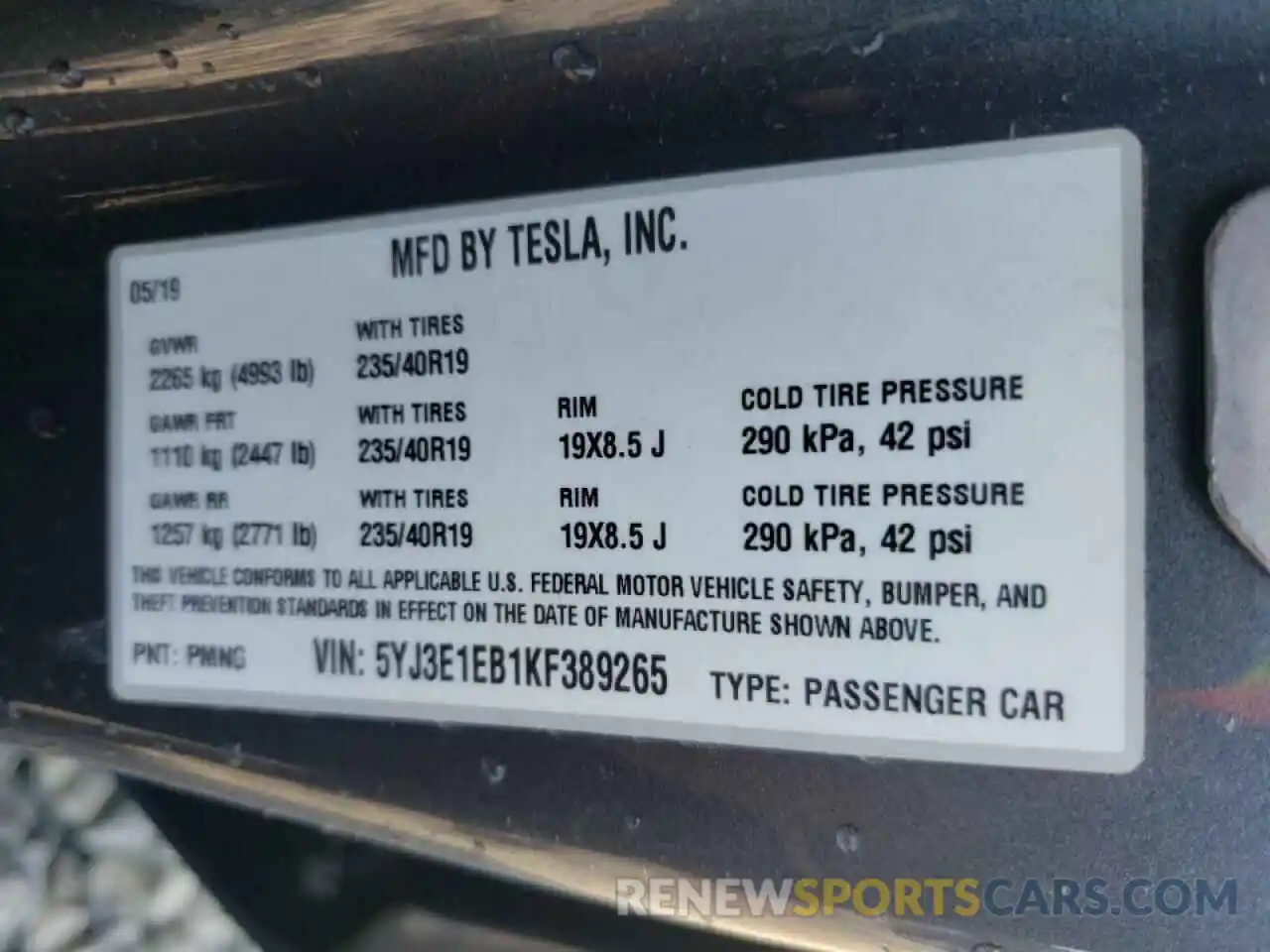 10 Photograph of a damaged car 5YJ3E1EB1KF389265 TESLA MODEL 3 2019