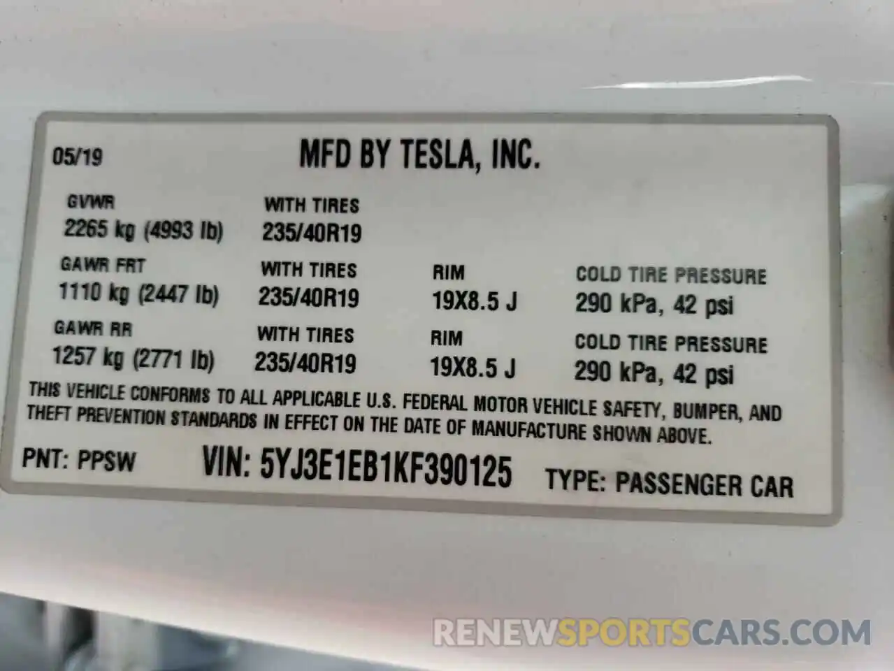 10 Photograph of a damaged car 5YJ3E1EB1KF390125 TESLA MODEL 3 2019