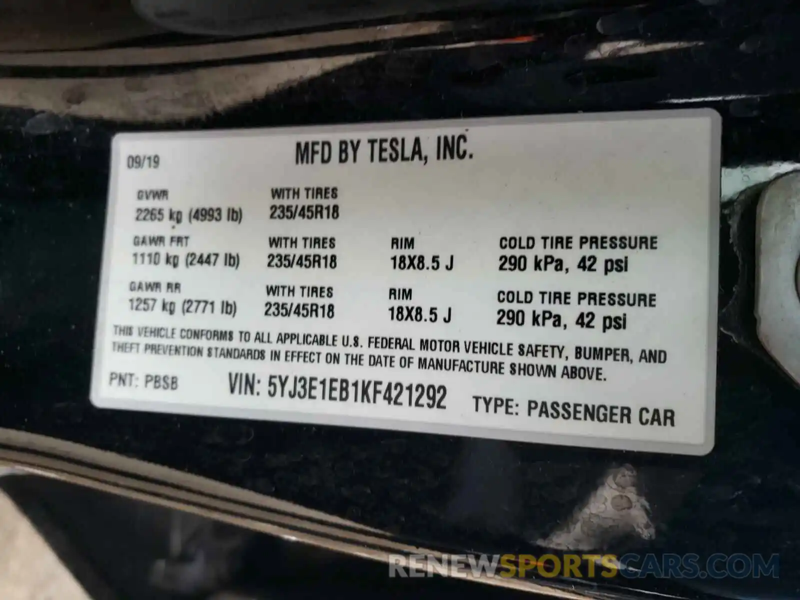 10 Photograph of a damaged car 5YJ3E1EB1KF421292 TESLA MODEL 3 2019