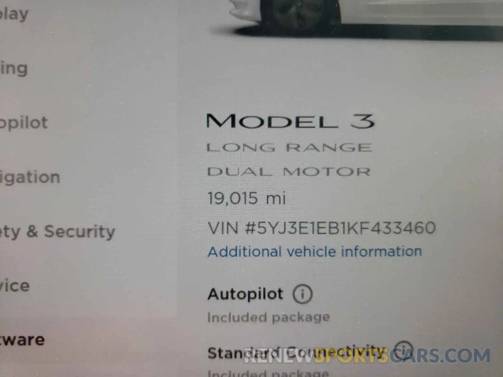 8 Фотография поврежденного автомобиля 5YJ3E1EB1KF433460 TESLA MODEL 3 2019