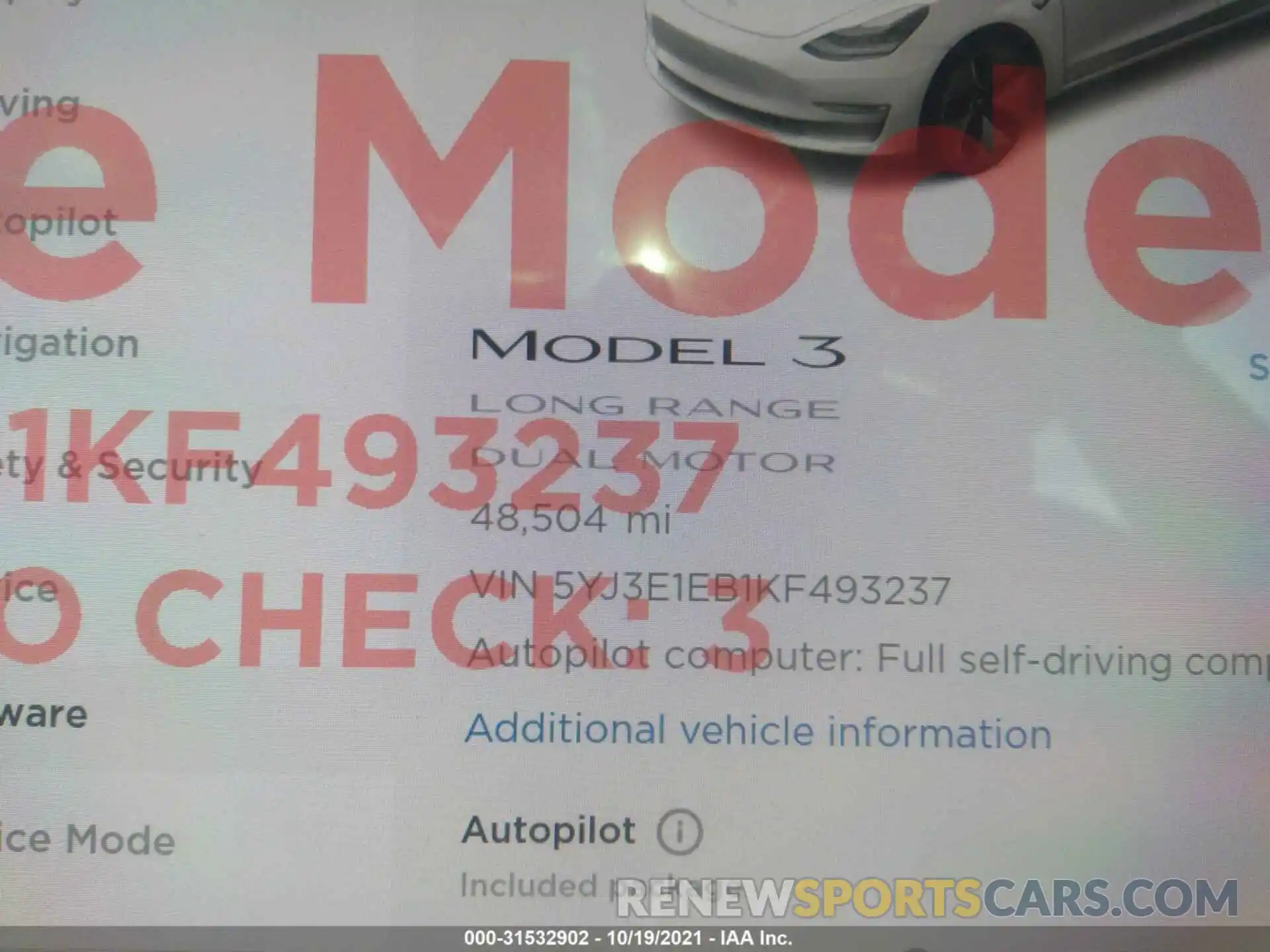 7 Фотография поврежденного автомобиля 5YJ3E1EB1KF493237 TESLA MODEL 3 2019