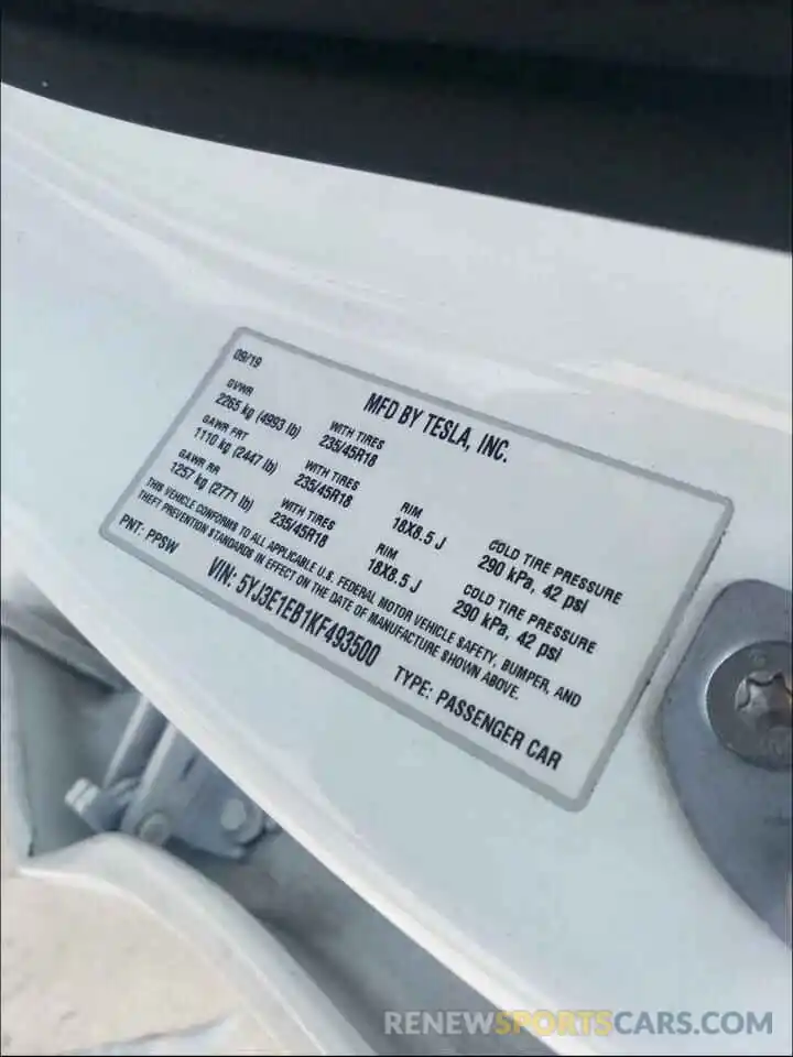 10 Photograph of a damaged car 5YJ3E1EB1KF493500 TESLA MODEL 3 2019