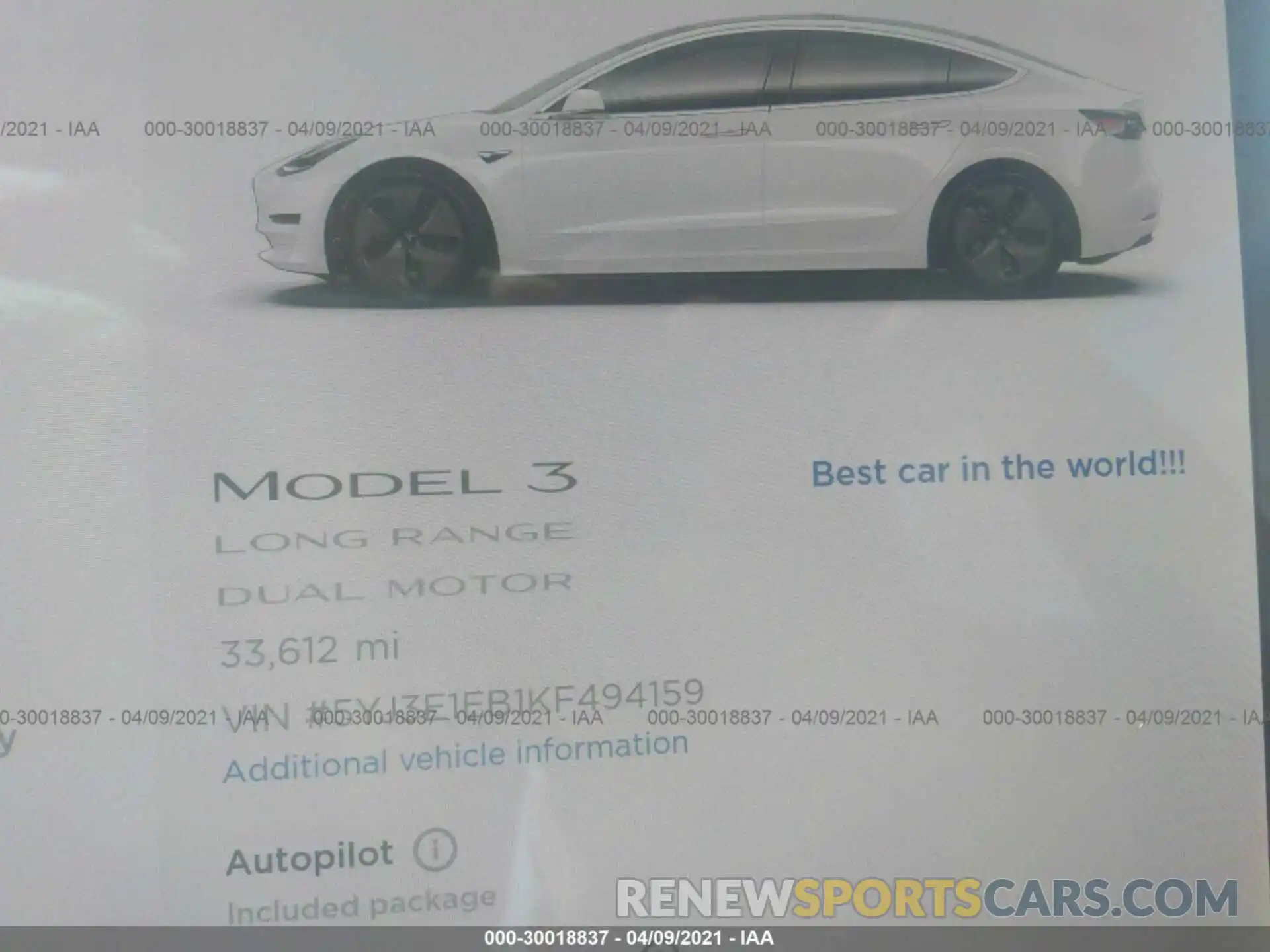 7 Фотография поврежденного автомобиля 5YJ3E1EB1KF494159 TESLA MODEL 3 2019