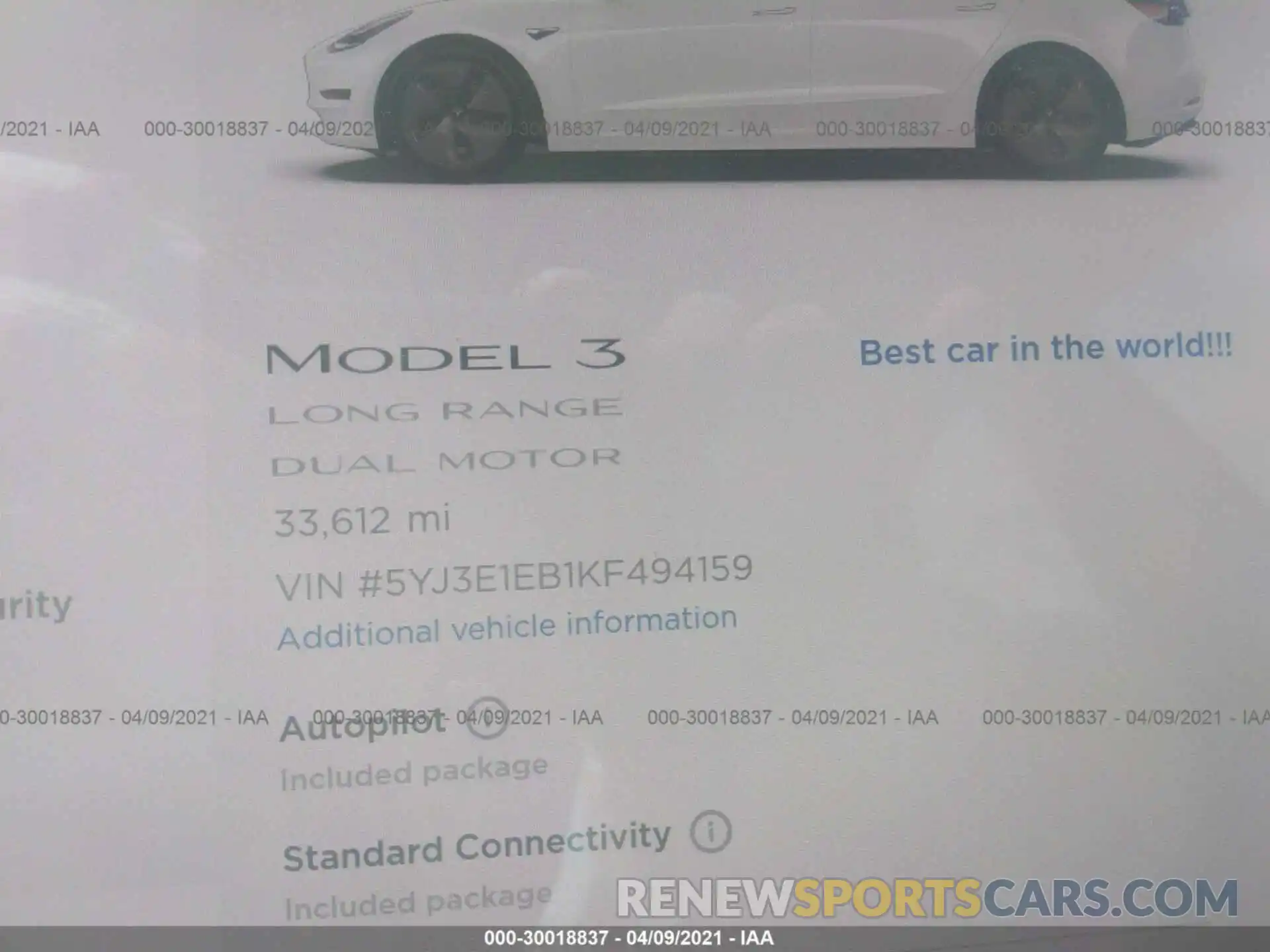 9 Photograph of a damaged car 5YJ3E1EB1KF494159 TESLA MODEL 3 2019