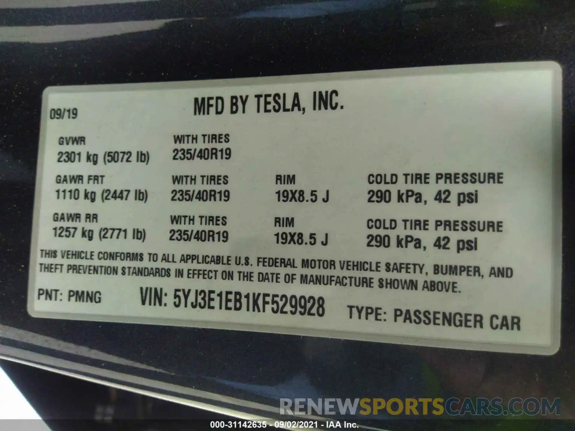 9 Фотография поврежденного автомобиля 5YJ3E1EB1KF529928 TESLA MODEL 3 2019