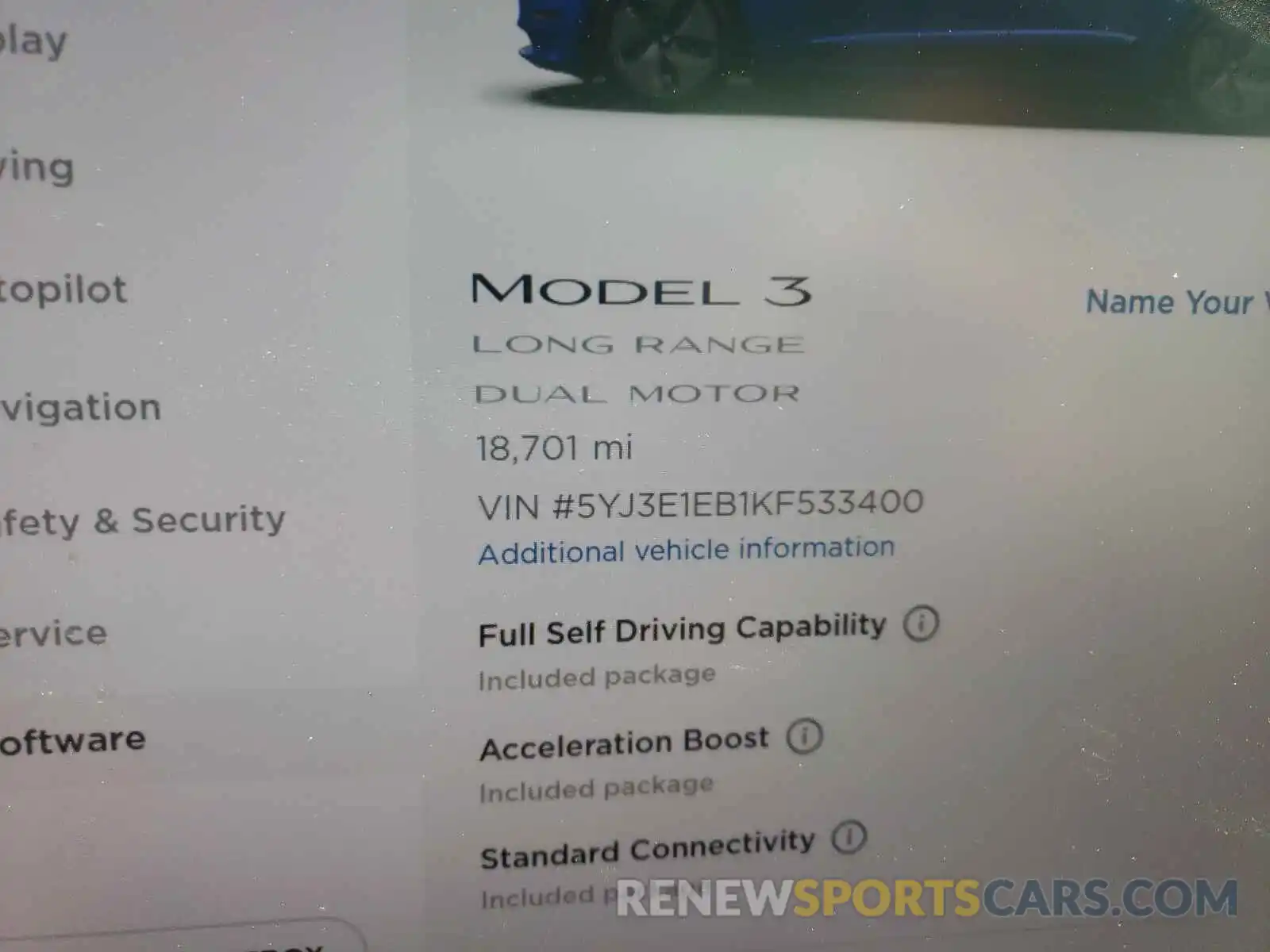 8 Photograph of a damaged car 5YJ3E1EB1KF533400 TESLA MODEL 3 2019