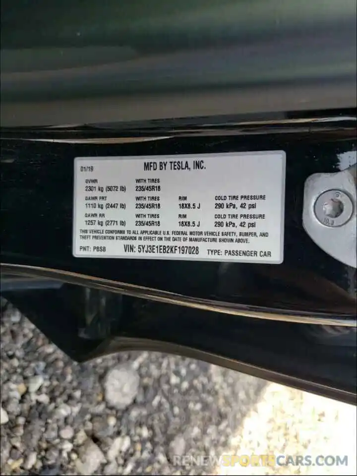 10 Photograph of a damaged car 5YJ3E1EB2KF197028 TESLA MODEL 3 2019