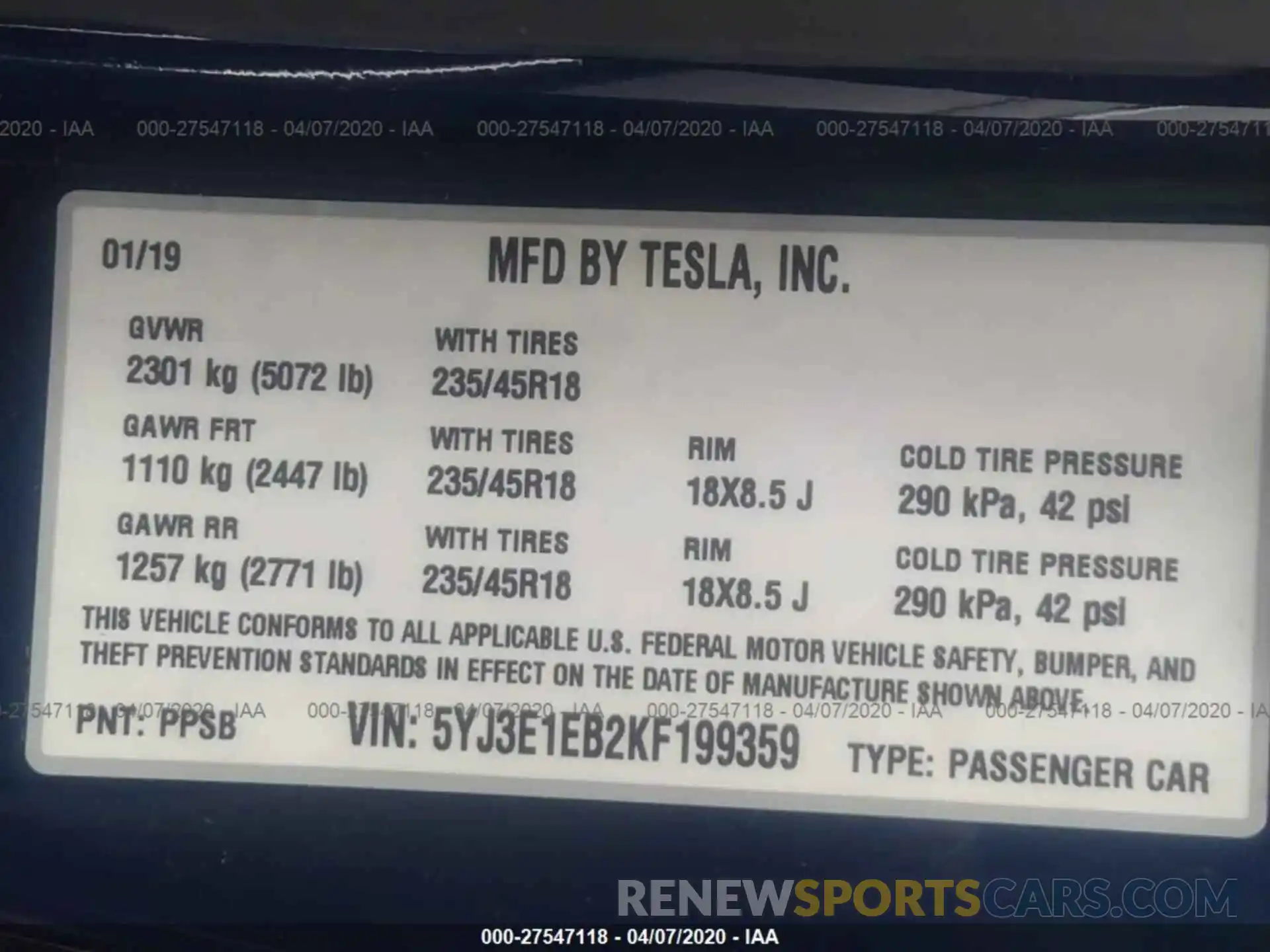 9 Фотография поврежденного автомобиля 5YJ3E1EB2KF199359 TESLA MODEL 3 2019