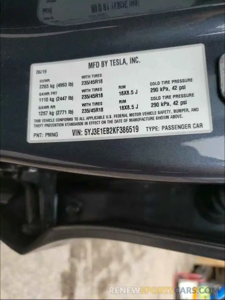 10 Photograph of a damaged car 5YJ3E1EB2KF386519 TESLA MODEL 3 2019