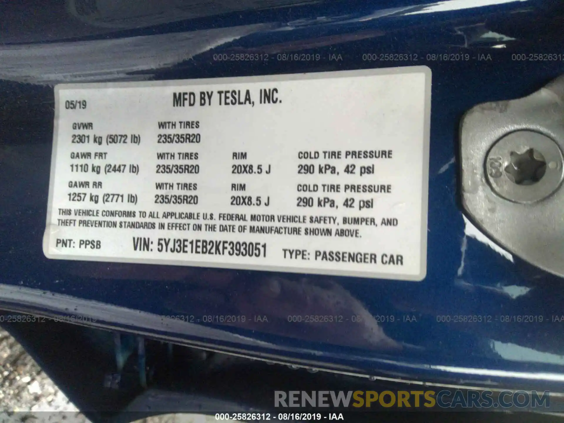 9 Фотография поврежденного автомобиля 5YJ3E1EB2KF393051 TESLA MODEL 3 2019