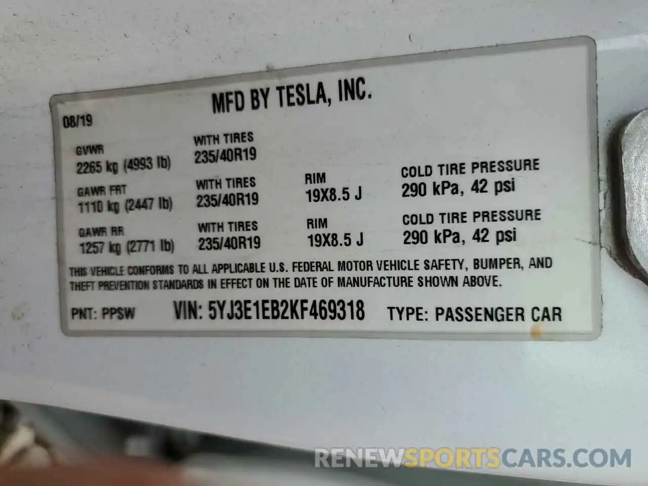 10 Photograph of a damaged car 5YJ3E1EB2KF469318 TESLA MODEL 3 2019