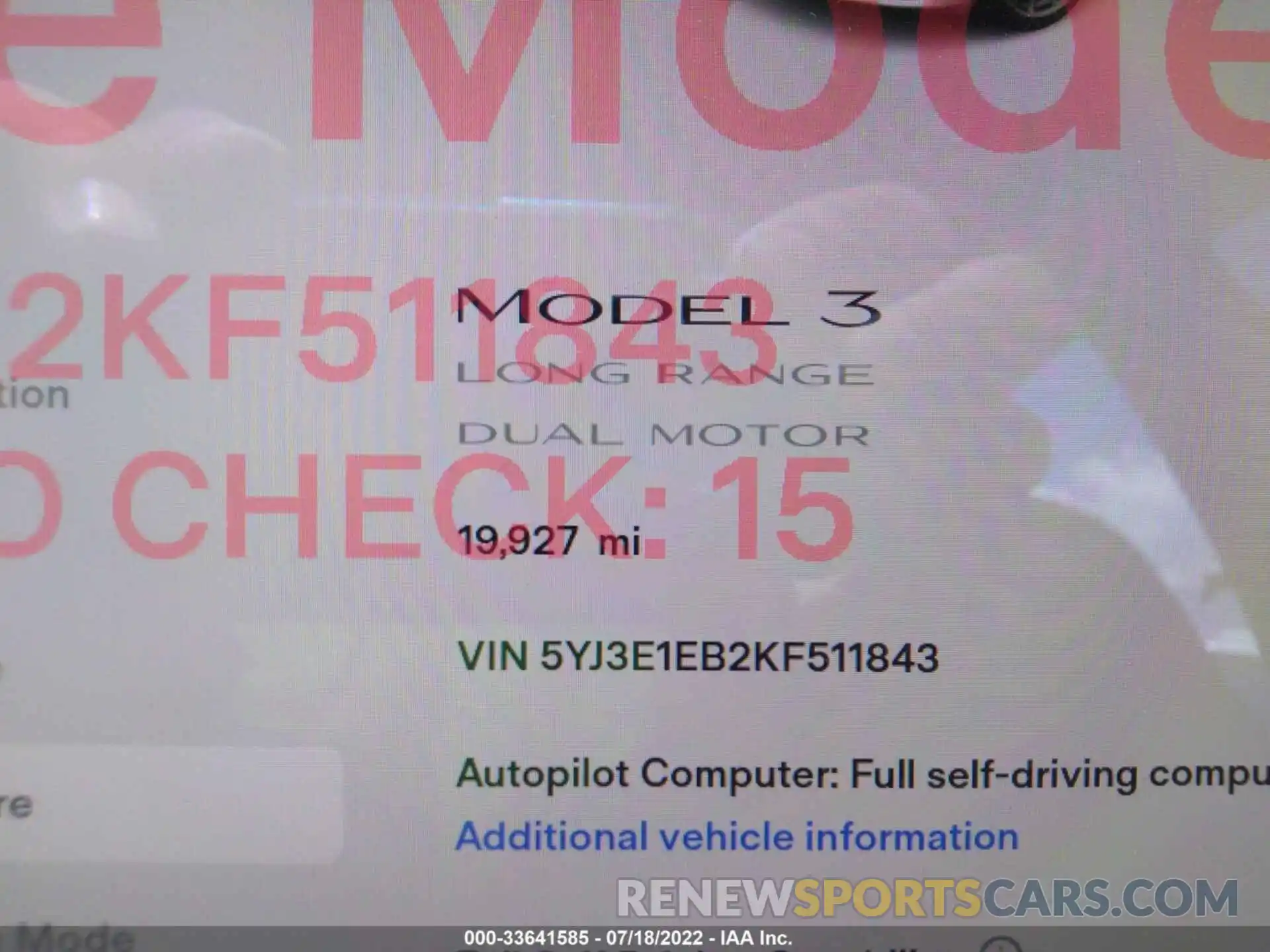 7 Photograph of a damaged car 5YJ3E1EB2KF511843 TESLA MODEL 3 2019