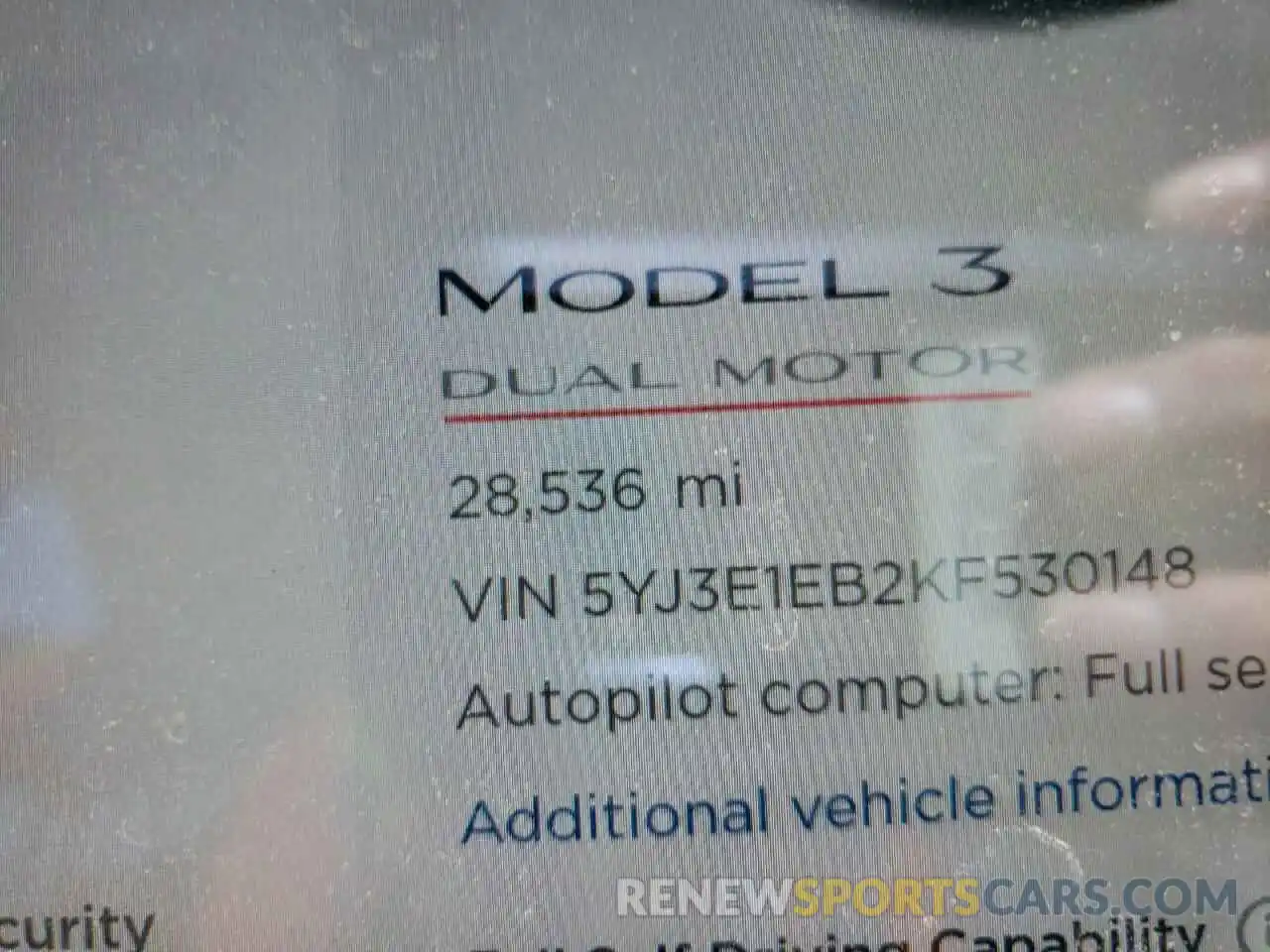 8 Photograph of a damaged car 5YJ3E1EB2KF530148 TESLA MODEL 3 2019