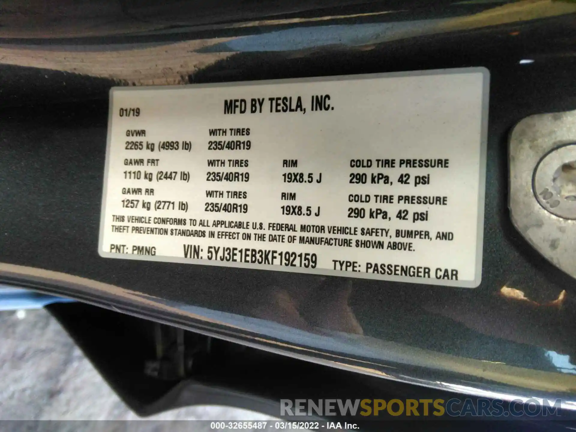 9 Фотография поврежденного автомобиля 5YJ3E1EB3KF192159 TESLA MODEL 3 2019